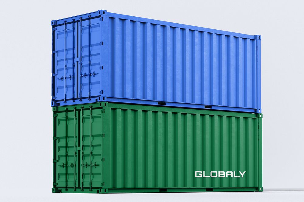 Blue and green shipping container, 3D rendering cargo