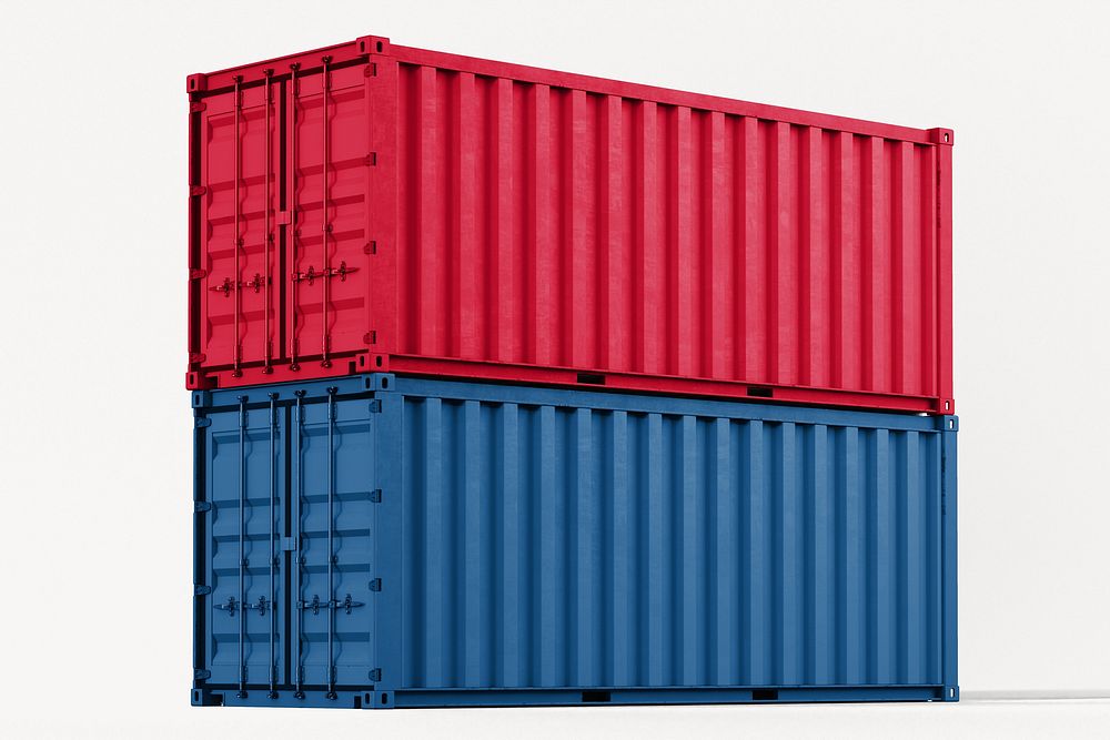 Red and blue shipping container, 3D rendering cargo
