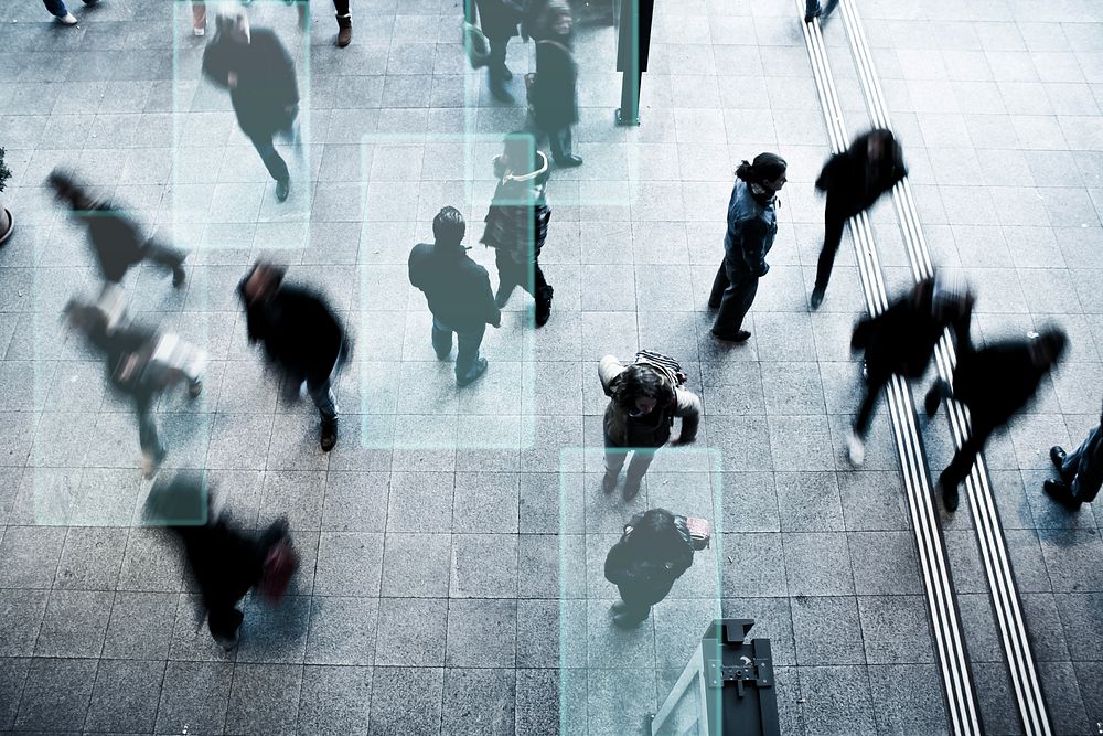 Top view of businesspeople walking, digital remix