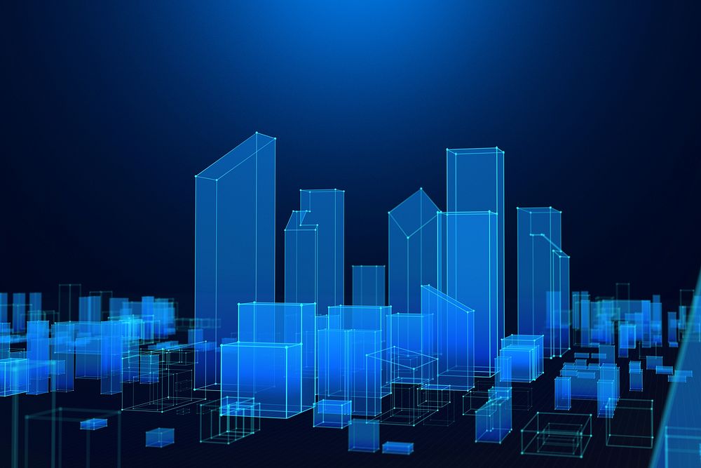 Blue wireframe building background, smart city digital remix