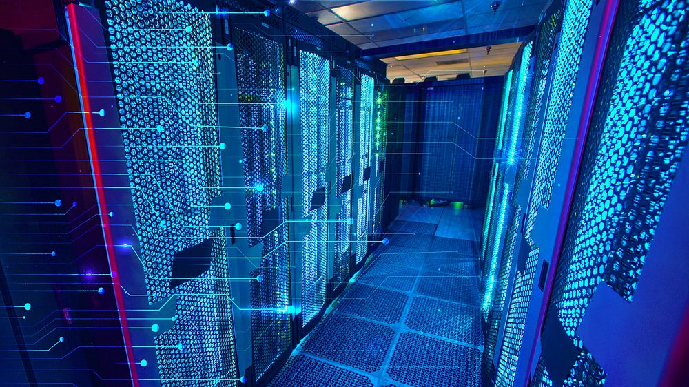 Blue supercomputer desktop wallpaper, digital remix