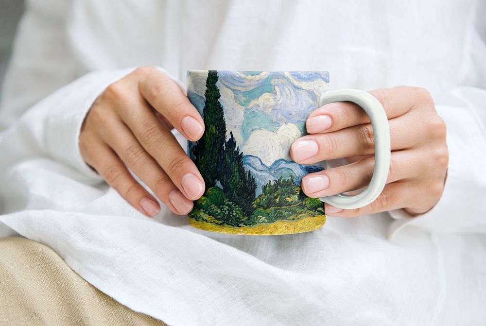 Coffee mug mockup, Van Gogh's Wheat Field with Cypresses print psd, remixed by rawpixel