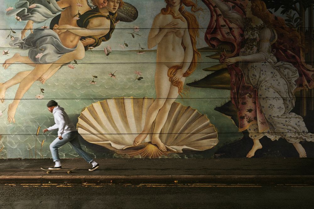 The Birth of Venus artwork by Sandro Botticelli on urban wall, remixed by rawpixel