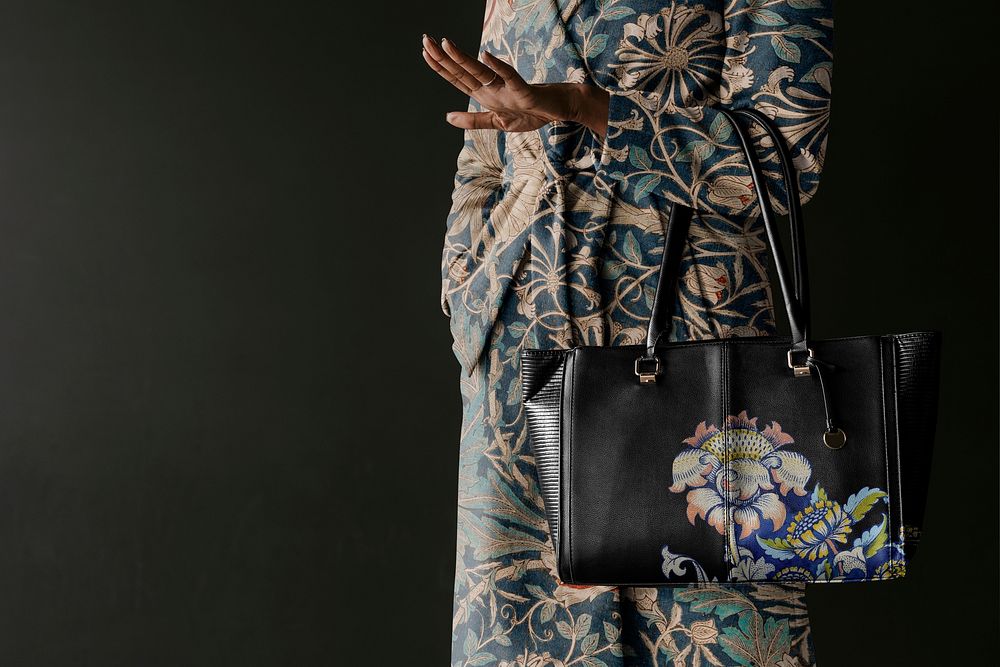 Leather bag mockup, women's fashion inspired by William Morris' botanical pattern psd, remixed by rawpixel