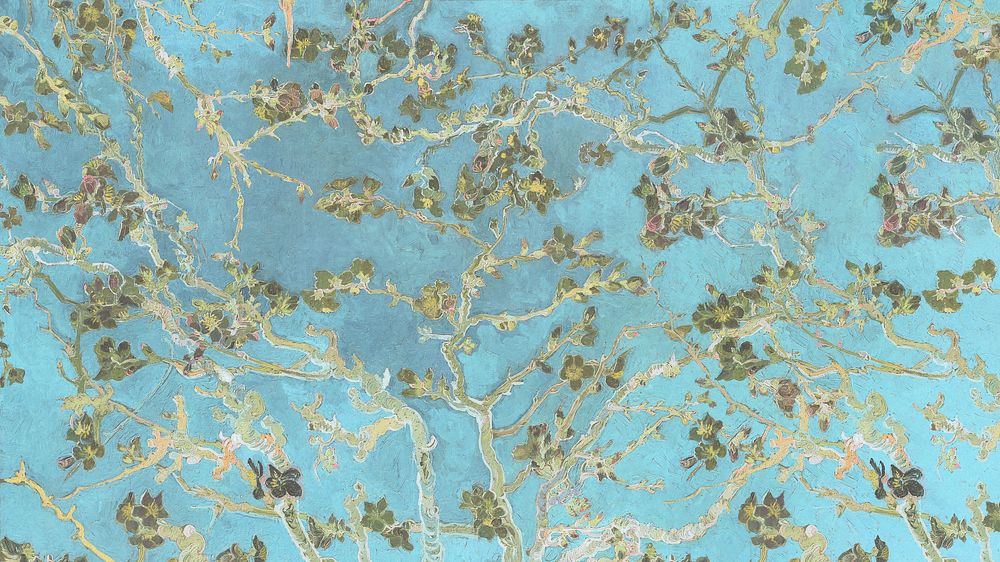 Aesthetic flower blue desktop wallpaper, Van Gogh's Almond blossom, famous painting, remixed by rawpixel