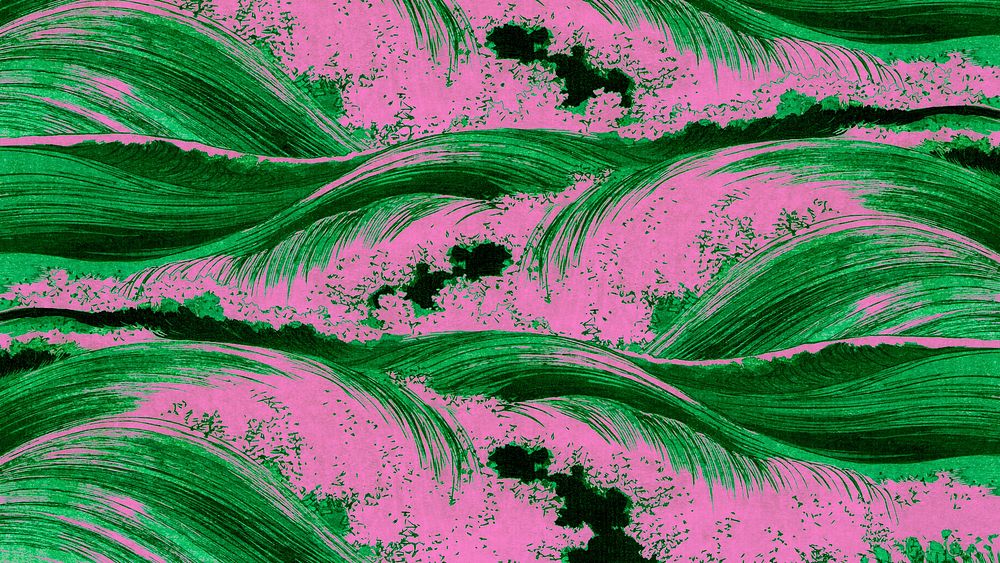 Green ocean waves desktop wallpaper, Uehara Konen's pattern art, remixed by rawpixel