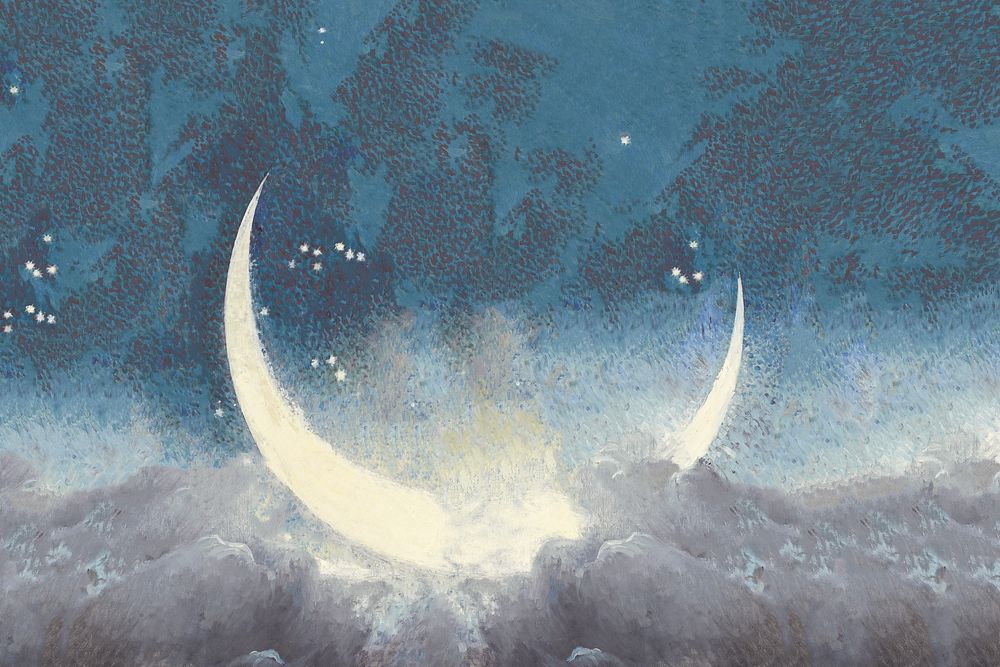 Crescent moon background, Edwin Blashfield's Spring Scattering Stars artwork, remixed by rawpixel