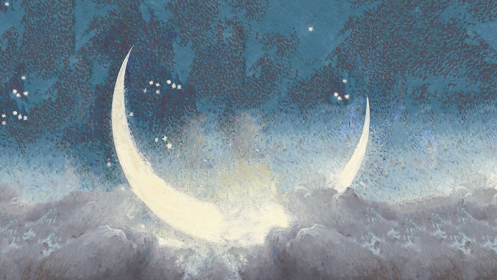Crescent moon desktop wallpaper, Edwin Blashfield's Spring Scattering Stars artwork, remixed by rawpixel