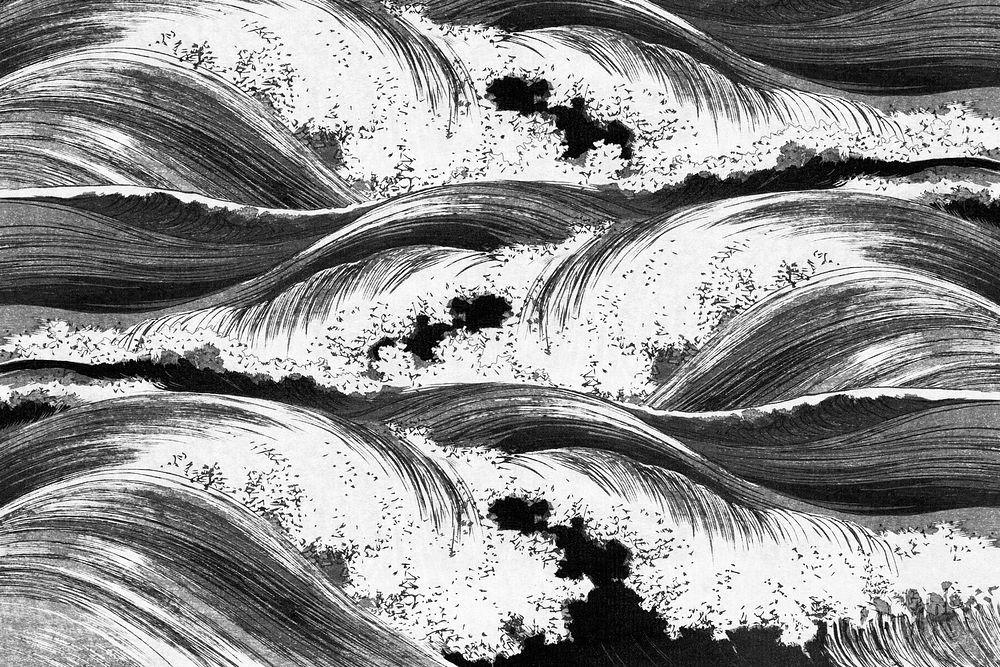 Black & white ocean waves background, Uehara Konen's pattern art, remixed by rawpixel