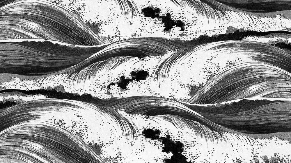 Black ocean waves desktop wallpaper, Uehara Konen's pattern art, remixed by rawpixel