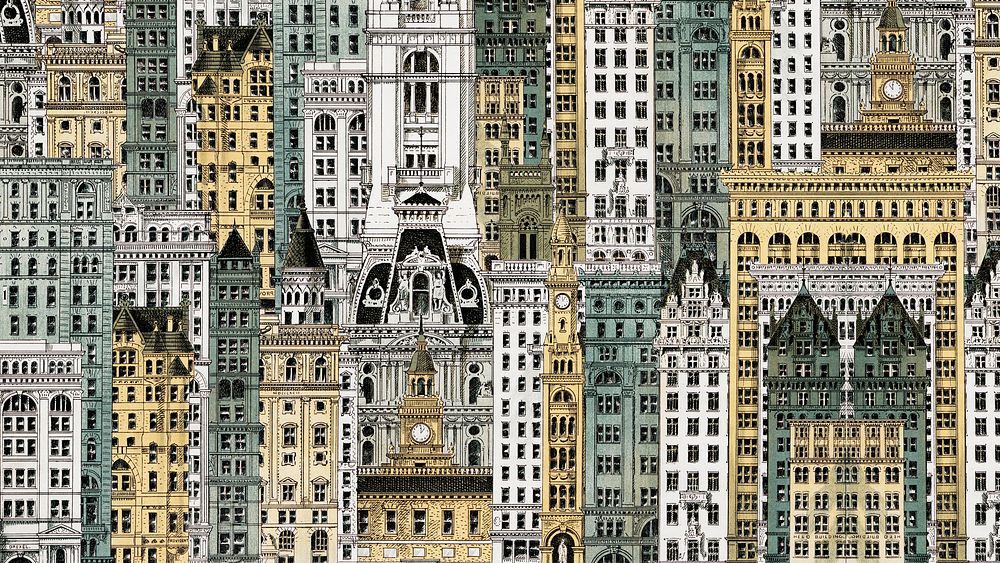 City architecture desktop wallpaper background. Vintage art remixed by rawpixel.