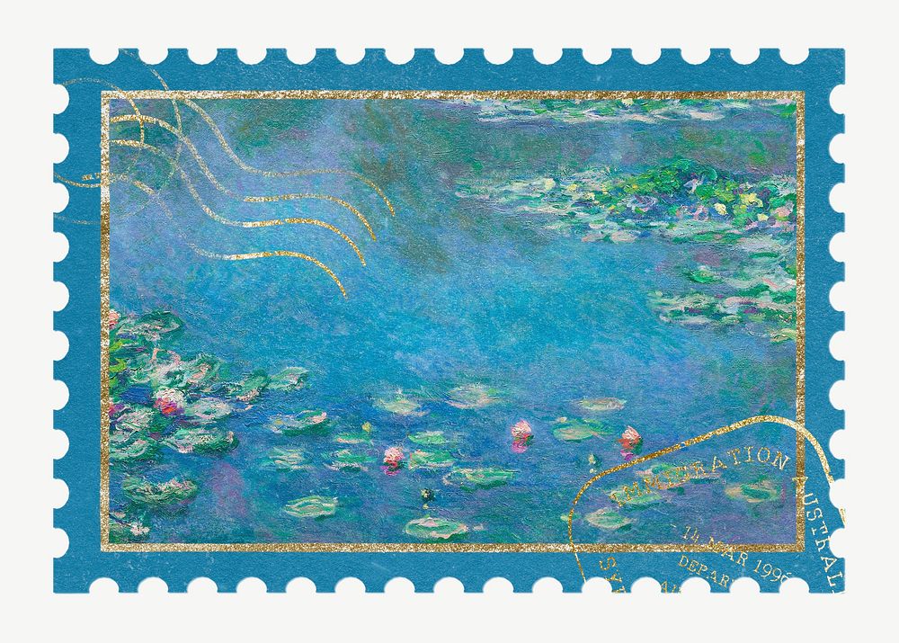 Water lilies postage stamp element psd. Claude Monet artwork, remixed by rawpixel.