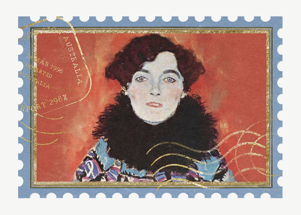 Vintage famous painting postage stamp, Gustav Klimt's Portrait of Johanna Staude psd, remixed by rawpixel