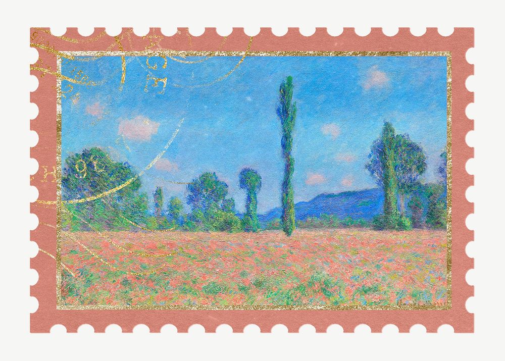 Giverny Poppy Fields postage stamp element psd. Claude Monet artwork, remixed by rawpixel.