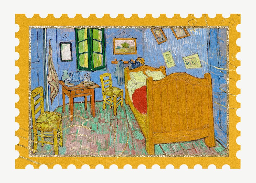 Vincent Van Gogh's The Bedroom postage stamp, famous painting psd, remixed by rawpixel