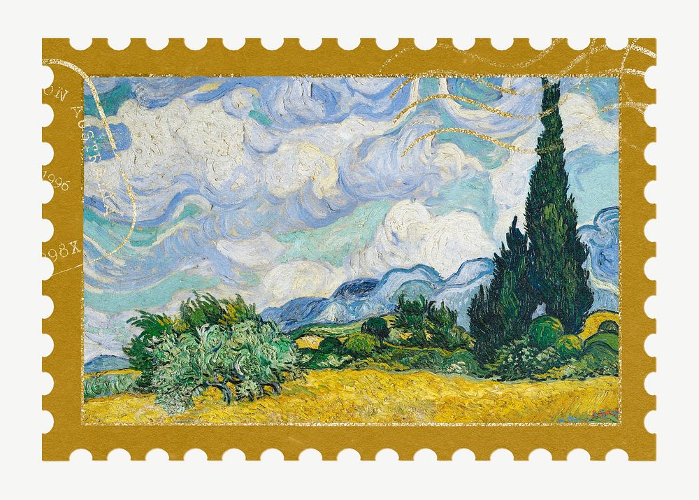 Van Gogh's Wheat Field with Cypresses postage stamp psd, remixed by rawpixel