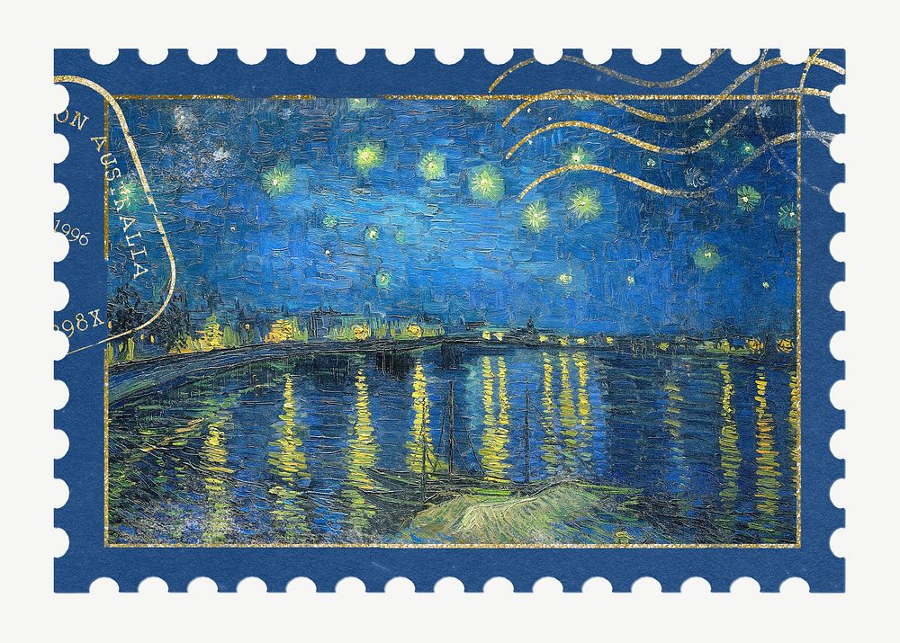 Van Gogh's postage stamp, Starry Night Over the Rhone psd, remixed by rawpixel