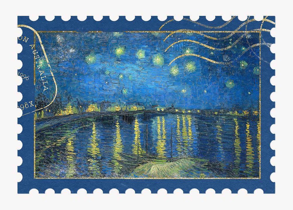 Van Gogh's Starry Night Over the Rhone postage stamp, remixed by rawpixel