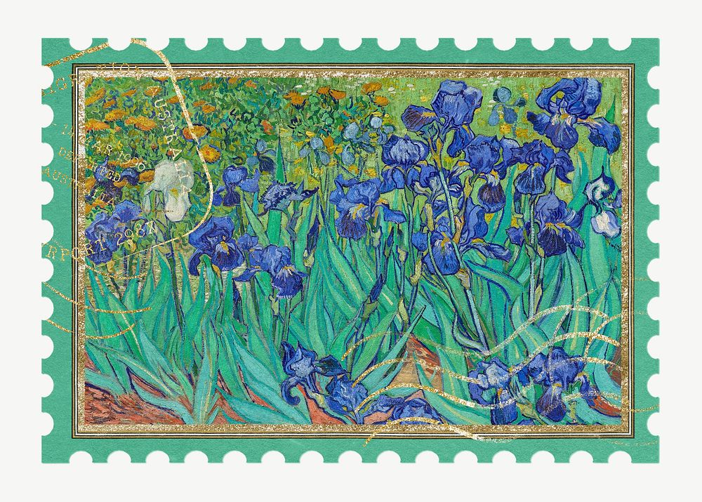 Van Gogh's postage stamp, Irises flower psd, remixed by rawpixel
