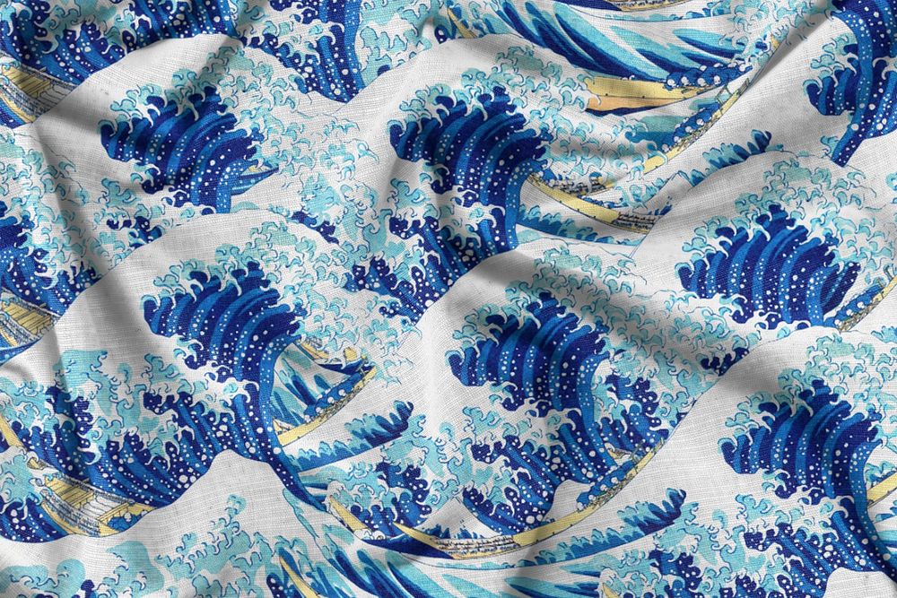 Silk fabric mockup, Hokusai's wave pattern design psd, remixed by rawpixel