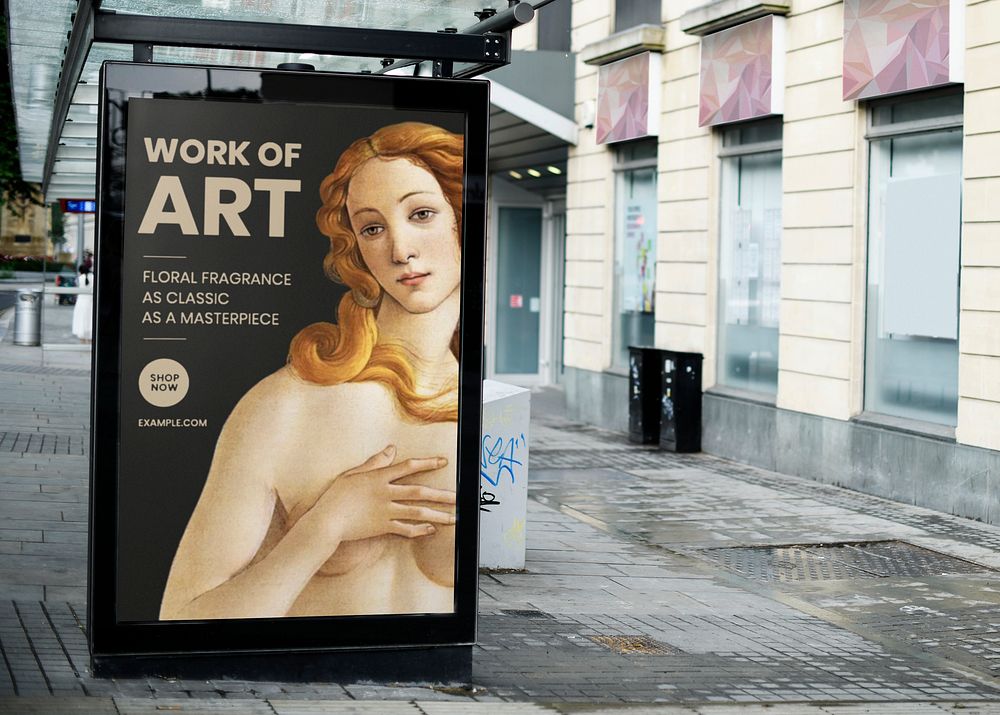 Bus stop ad sign mockup psd, Sandro Botticelli's Venus painting, remixed by rawpixel