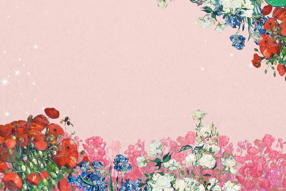 Spring flower border pink background, Van Gogh's famous artwork design, remixed by rawpixel