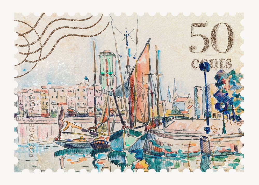 Paul Signac  artwork postage stamp. Famous art remixed by rawpixel.