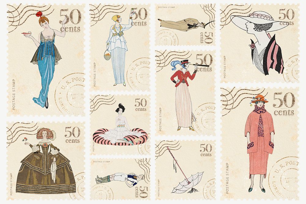 Ephemera fashion postage stamp set psd, remixed by rawpixel