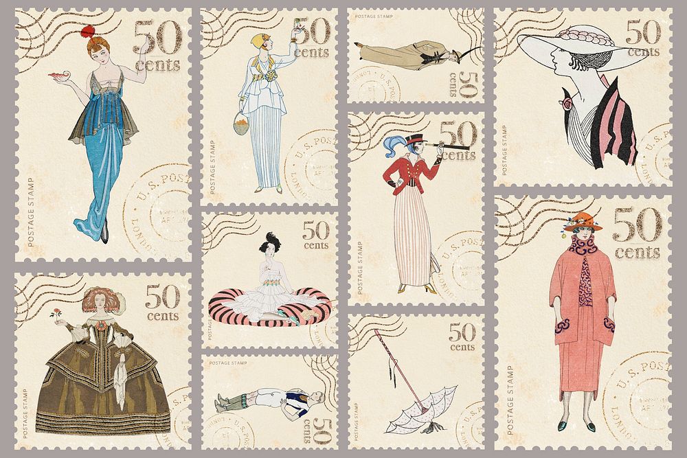 Victorian fashion postage stamp set psd, remixed by rawpixel