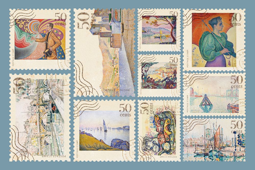 Postage stamp, Paul Signac's famous painting set psd, remixed by rawpixel