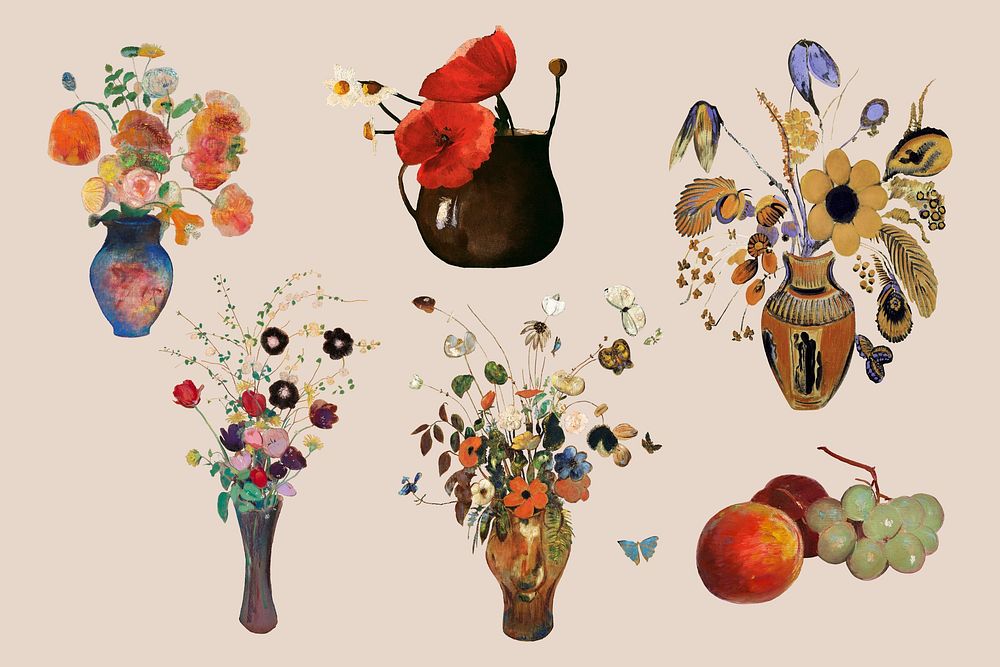 Famous flower painting set psd, remixed by rawpixel