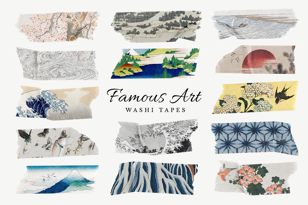 Aesthetic washi tape, famous artwork pattern set psd, remixed by rawpixel