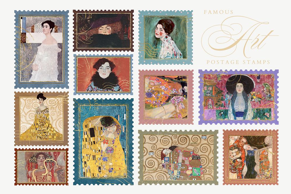 Gustav Klimt's postage stamp, famous artwork set psd, remixed by rawpixel