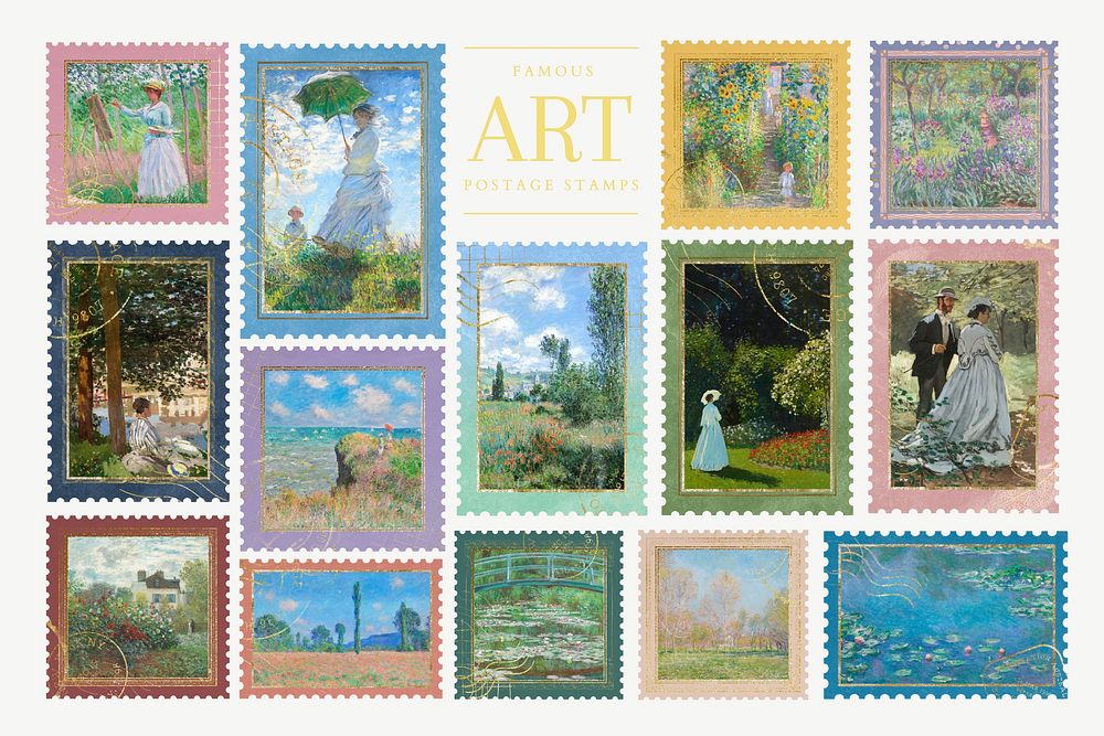 Claude Monet's postage stamp, famous painting set psd, remixed by rawpixel