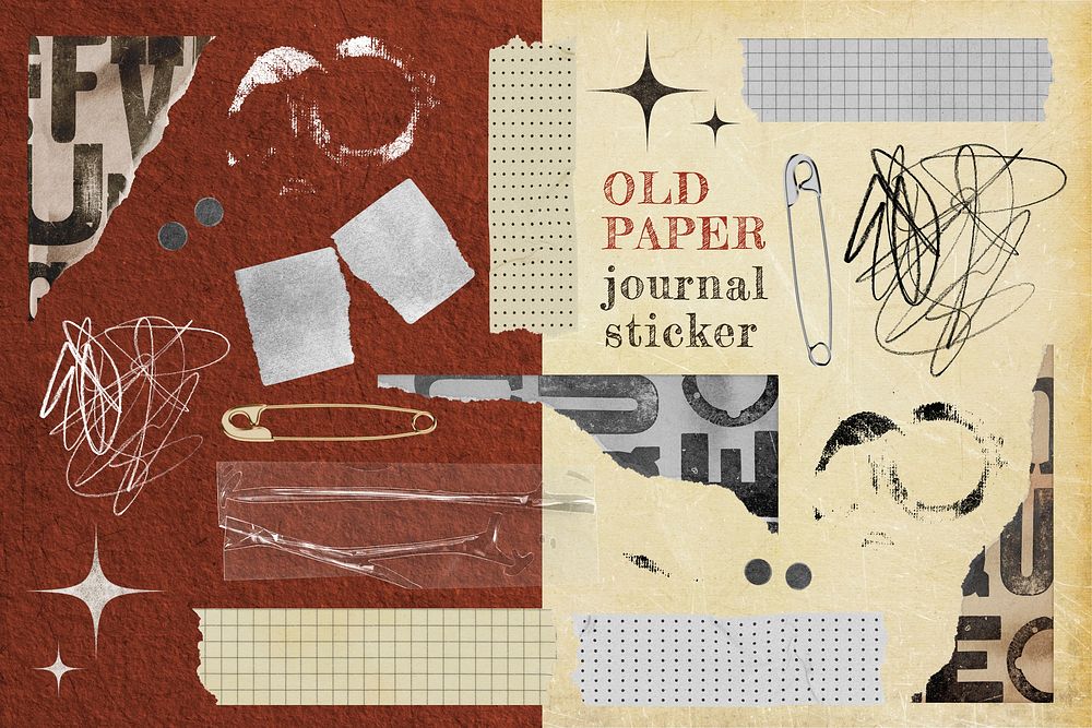 Old paper, journal collage element set psd