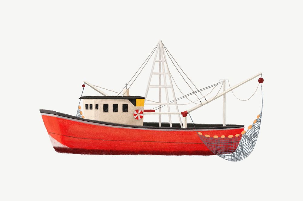 Fishing boat illustration, collage element psd