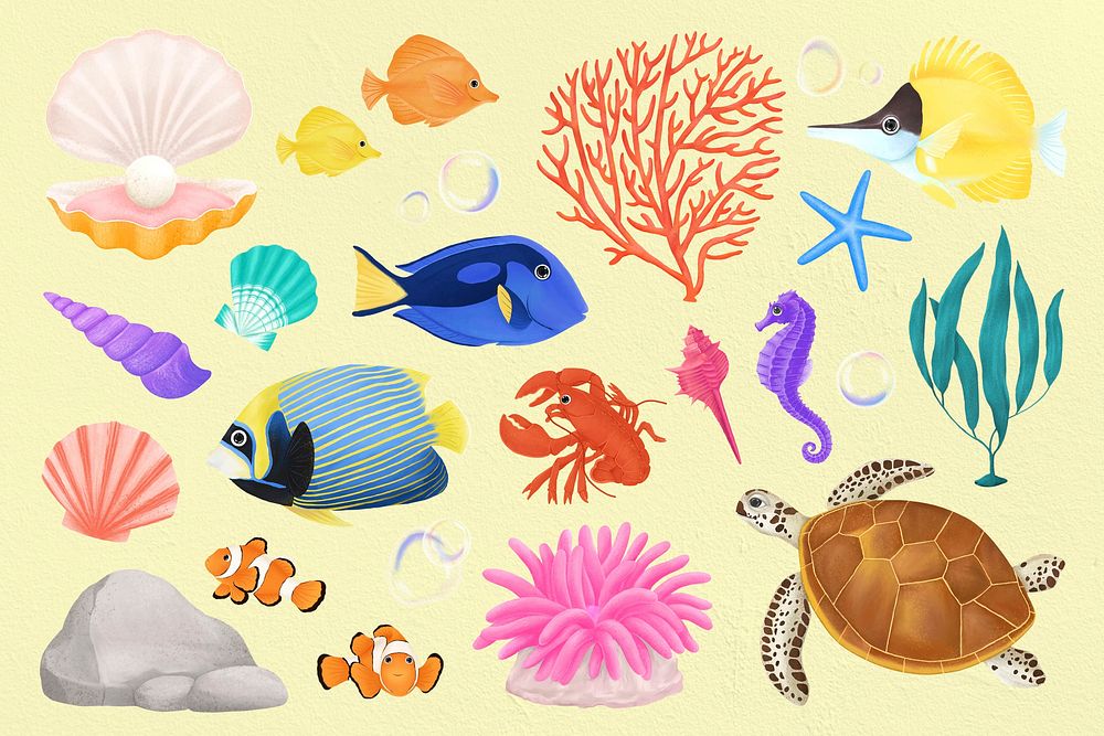 Sea animals illustration set, collage element psd