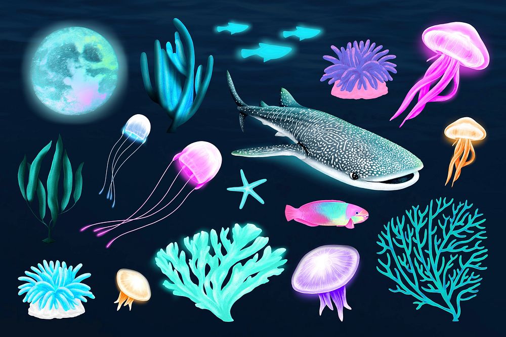 Marine life illustration set, collage element psd