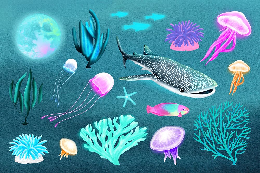 Marine life illustration set, collage element psd
