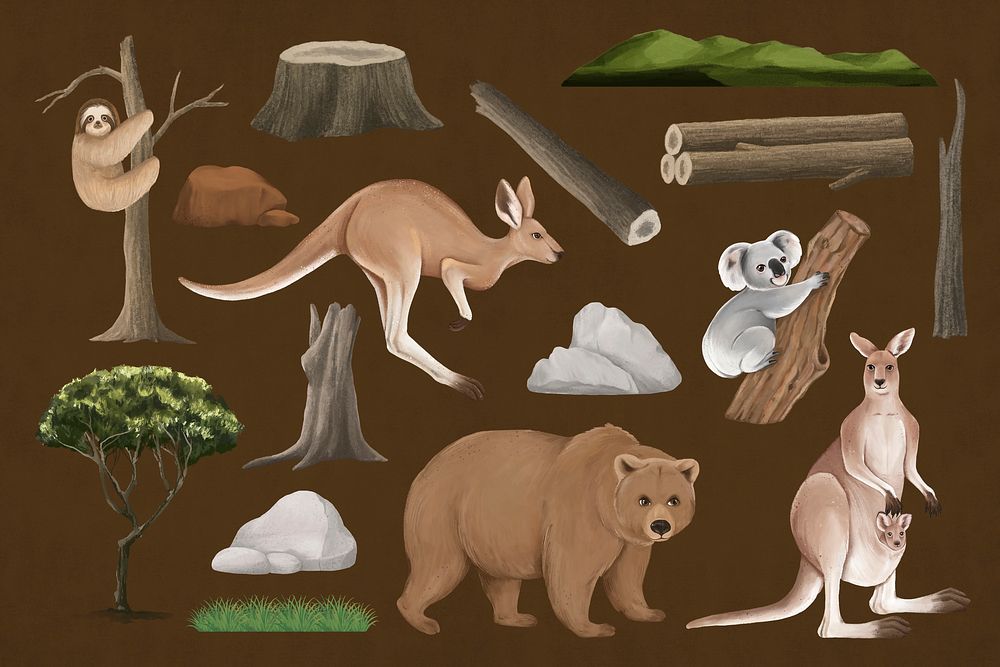 Wild animals illustration, collage element set psd