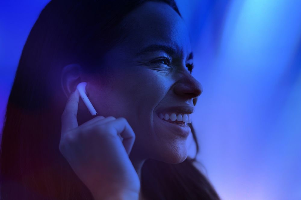 Woman listening to music, digital remix