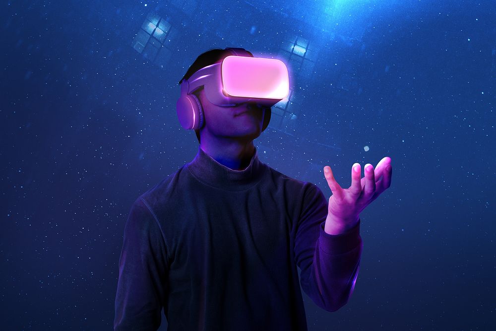Man using VR headset, smart technology remix