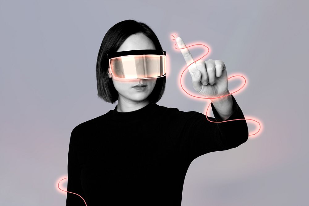 Woman using smart glasses, futuristic technology remix