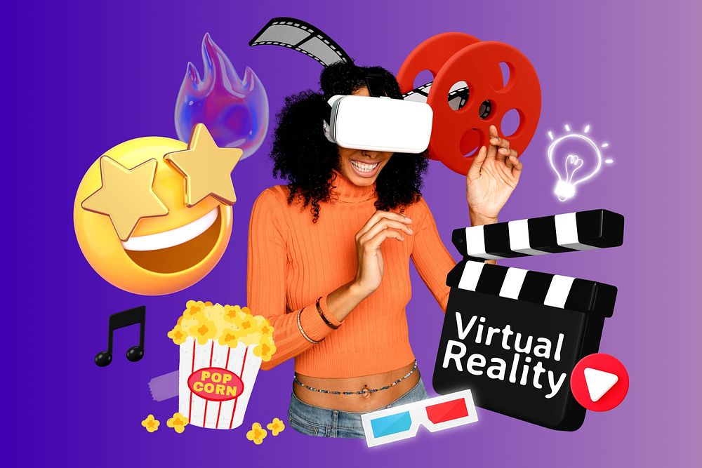 Virtual reality entertainment word, 3d collage remix