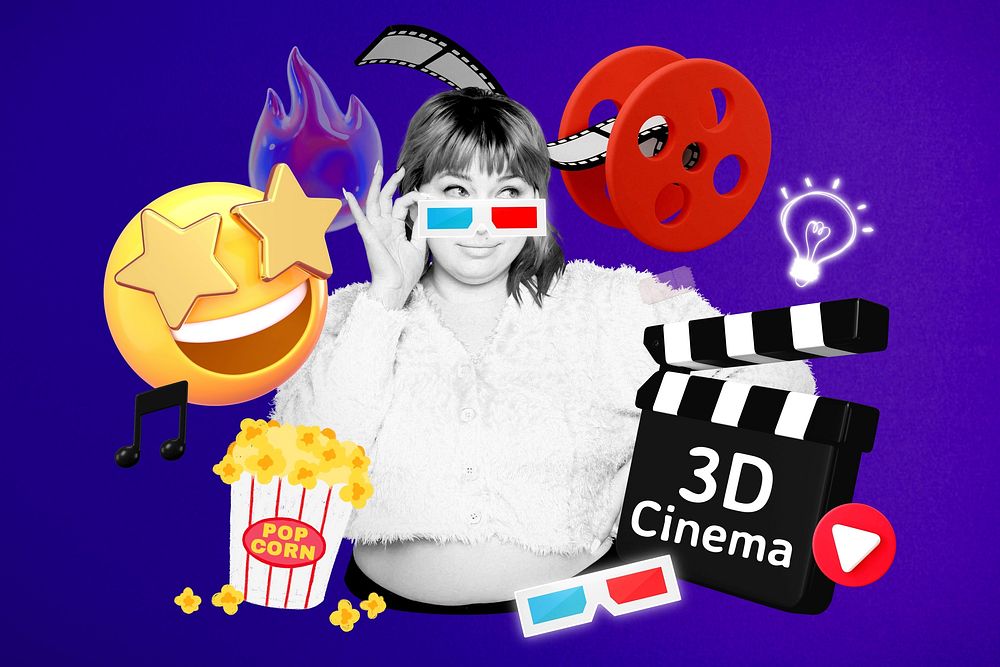 3D cinema word, collage remix