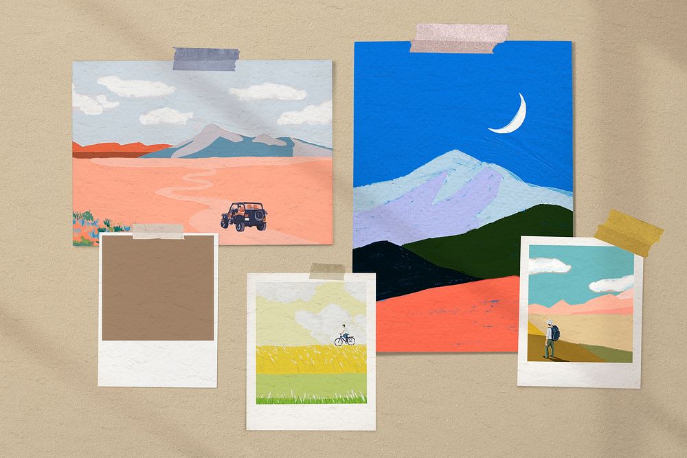 Mood board mockup, minimal landscape acrylic painting design psd