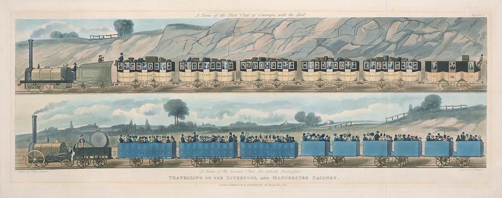 Travelling on the Liverpool & Manchester Railway: A Train of the First Class Carrriages, with the Mail and A Train of the…