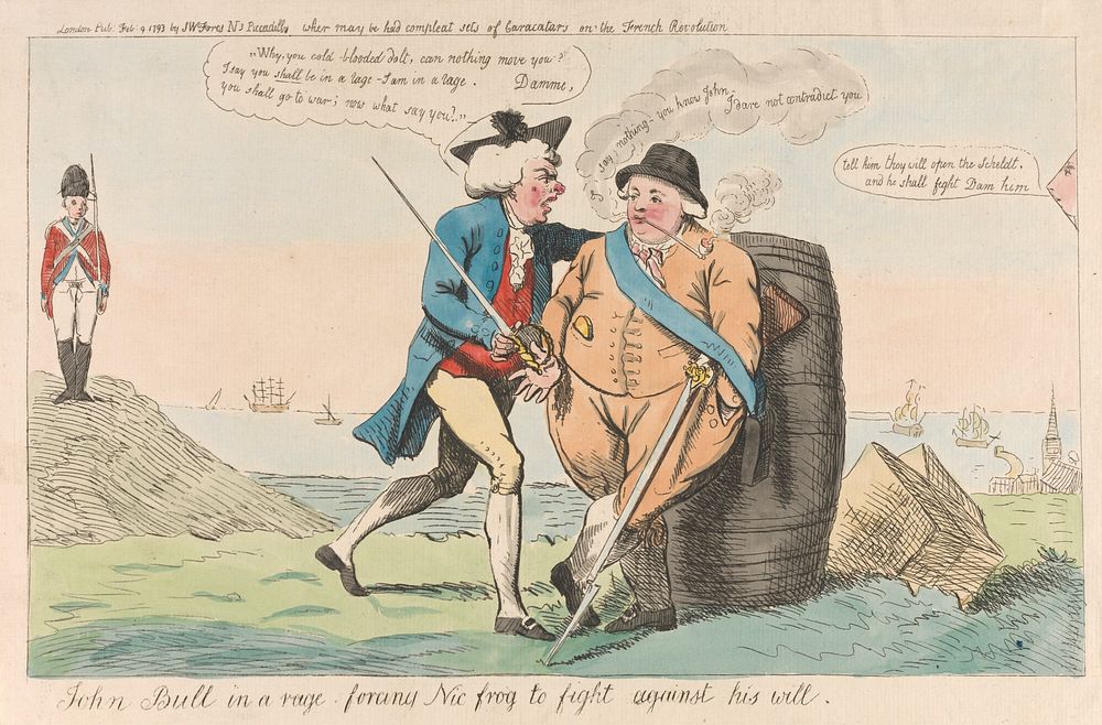 John Bull in a Rage, forcing nic Frog to Fight against his Will