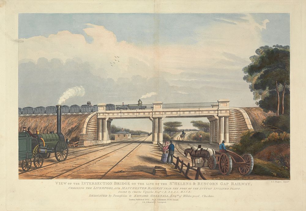 View of the Intersection Bridge on the line of St. Helen's & Runcorn Gap Railway, Crossing the Liverpool and Manchester…