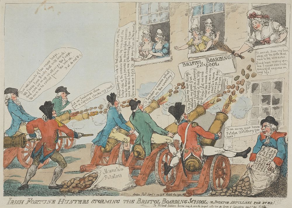 Irish Fortune Hunters storming the Bristol Boarding School; or, Potatoe Artillery for ever